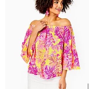 NWT Nevis off the shoulder top XS calla yellow floral coral